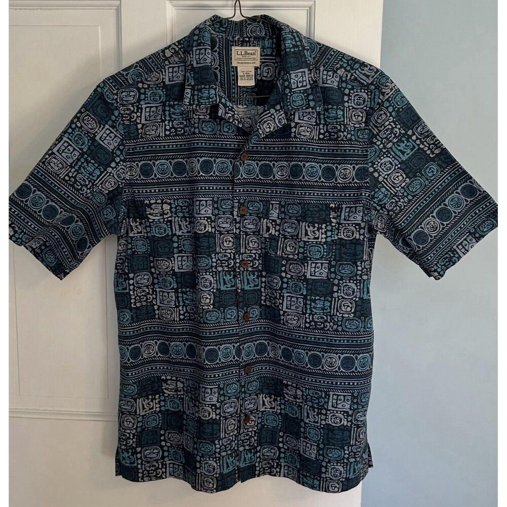 L.L. Bean Men's Geometric Blue Cotton Short Sleeve Shirt Traditional Fit Size S